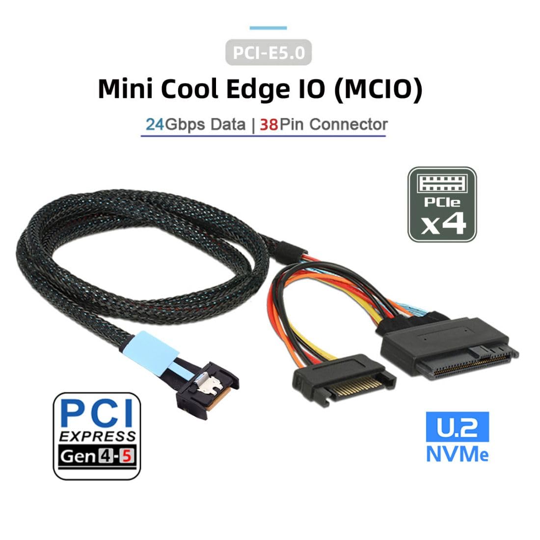 MCIO 4X 38Pin SFF-TA-1016 to U.2 SFF-8639 Cable with SATA