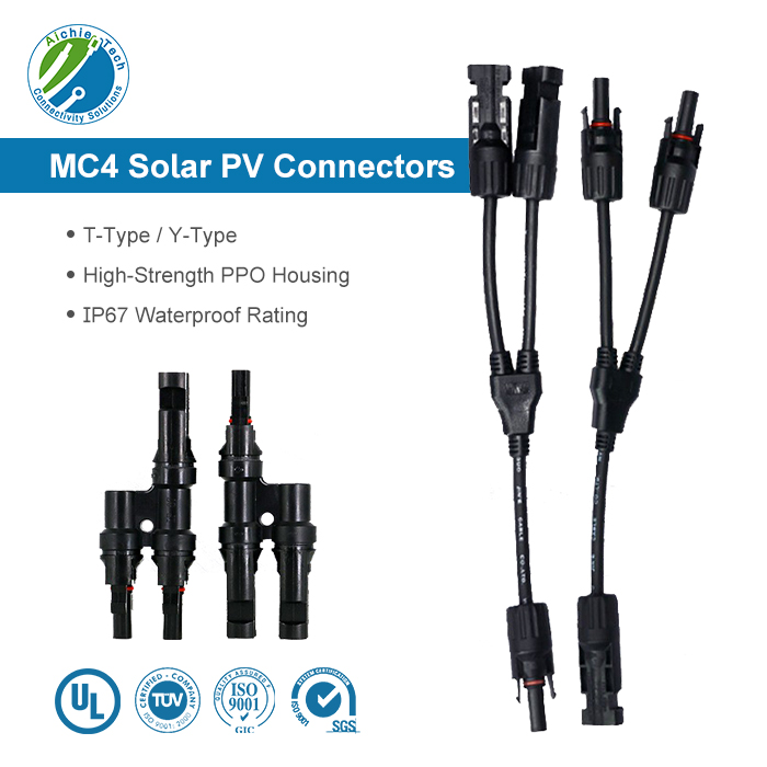 MC4 T-Type Y-Type Solar PV Connectors with IP67 Waterproof Rating, UL TUV ISO 9001 SGS Certified, High-Strength PPO Housing for Solar Panel Wiring